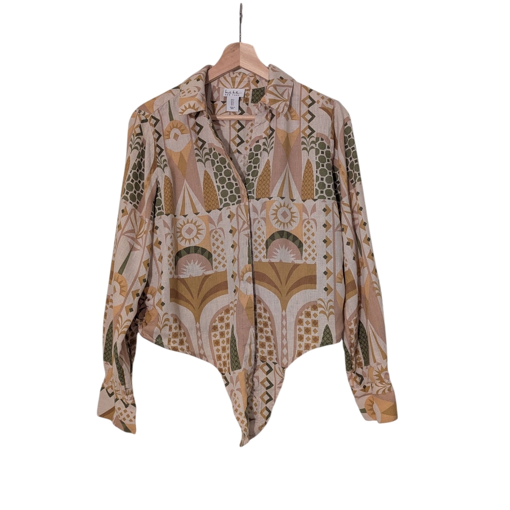 Nicole Miller Linen Blend Geometric Exotic Cropped Knotted Shirt Women's, S